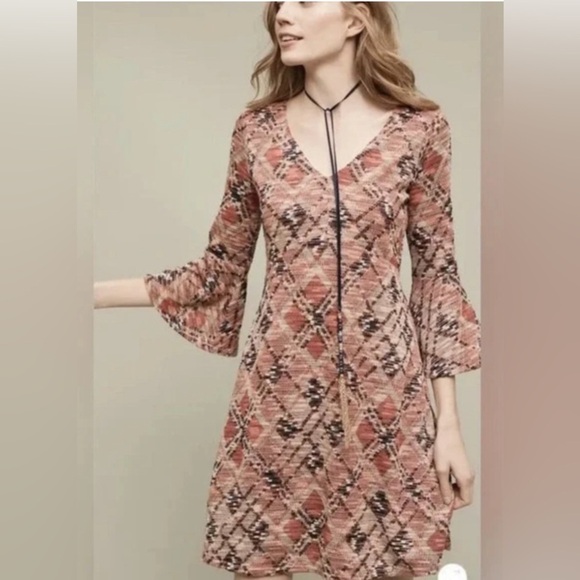 Maeve by Anthropologie Argyle Erina dark coral a-line bell sleeves dress size L - Picture 15 of 15